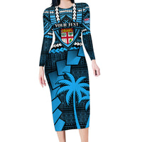 Custom Fiji Rugby Long Sleeve Bodycon Dress Go Fijian Tapa Arty with World Cup Vibe LT9 Long Dress Blue - Polynesian Pride