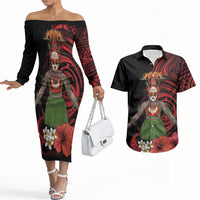 Huli Wigmen Tribe Hela Province Couples Matching Off The Shoulder Long Sleeve Dress and Hawaiian Shirt Papua New Guinea Indigenous Pattern LT9 Black - Polynesian Pride