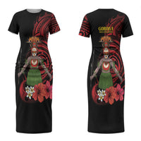Huli Wigmen Tribe Hela Province Couples Matching Short Sleeve Bodycon Dress and Hawaiian Shirt Papua New Guinea Indigenous Pattern LT9 - Polynesian Pride