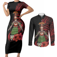 Huli Wigmen Tribe Hela Province Couples Matching Short Sleeve Bodycon Dress and Long Sleeve Button Shirt Papua New Guinea Indigenous Pattern LT9 Black - Polynesian Pride