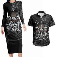 Skeleton Tribe Simbu Province Couples Matching Long Sleeve Bodycon Dress and Hawaiian Shirt Papua New Guinea Indigenous Pattern LT9 Black - Polynesian Pride