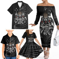Skeleton Tribe Simbu Province Family Matching Off The Shoulder Long Sleeve Dress and Hawaiian Shirt Papua New Guinea Indigenous Pattern LT9 - Polynesian Pride