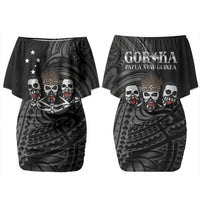 Skeleton Tribe Simbu Province Family Matching Off Shoulder Short Dress and Hawaiian Shirt Papua New Guinea Indigenous Pattern LT9 Mom's Dress Black - Polynesian Pride