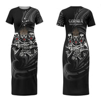 Skeleton Tribe Simbu Province Family Matching Short Sleeve Bodycon Dress and Hawaiian Shirt Papua New Guinea Indigenous Pattern LT9 Mom's Dress Black - Polynesian Pride