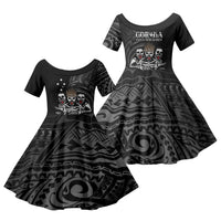 Skeleton Tribe Simbu Province Family Matching Short Sleeve Bodycon Dress and Hawaiian Shirt Papua New Guinea Indigenous Pattern LT9 Daughter's Dress Black - Polynesian Pride