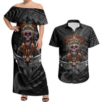 Mokomoko Tribe Eastern Highlands Province Couples Matching Off Shoulder Maxi Dress and Hawaiian Shirt Papua New Guinea Indigenous Pattern LT9 Black - Polynesian Pride