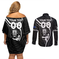 Custom New Zealand Aotearoa Rugby Couples Matching Off Shoulder Short Dress and Long Sleeve Button Shirts Black Fern Maori Tribal Sporty Style LT9 - Polynesian Pride
