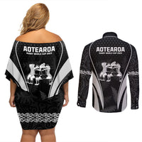 New Zealand Aotearoa Rugby Couples Matching Off Shoulder Short Dress and Long Sleeve Button Shirt Haka Dance Mixed Silver Fern Sporty Style LT9 - Polynesian Pride