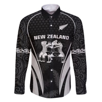 New Zealand Aotearoa Rugby Family Matching Off Shoulder Short Dress and Hawaiian Shirt Haka Dance Mixed Silver Fern Sporty Style LT9 Dad's Shirt - Long Sleeve Black - Polynesian Pride