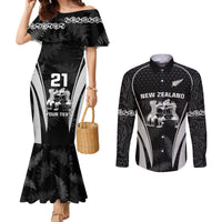 Custom New Zealand Aotearoa Rugby Couples Matching Mermaid Dress and Long Sleeve Button Shirts Haka Dance Mixed Silver Fern Sporty Style LT9 Black - Polynesian Pride