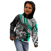 Personalised Polynesia Skull Kid Hoodie Tattoo In The Style Of Maori With Marine Life Aqua LT9 - Polynesian Pride