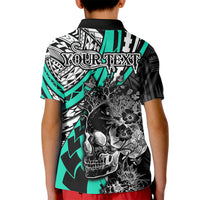 Personalised Polynesia Skull Kid Polo Shirt Tattoo In The Style Of Maori With Marine Life Aqua LT9 - Polynesian Pride
