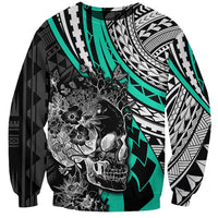 Personalised Polynesia Skull Sweatshirt Tattoo In The Style Of Maori With Marine Life Aqua LT9 Unisex Aqua - Polynesian Pride
