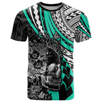Personalised Polynesia Skull T Shirt Tattoo In The Style Of Maori With Marine Life Aqua LT9 Aqua - Polynesian Pride