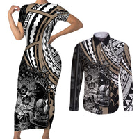personalised-polynesia-skull-couples-matching-short-sleeve-bodycon-dress-and-long-sleeve-button-shirts-tattoo-in-the-style-of-maori-with-marine-life-gold