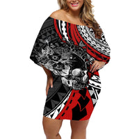 Personalised Polynesia Skull Off Shoulder Short Dress Tattoo In The Style Of Maori With Marine Life Red LT9 Women Red - Polynesian Pride