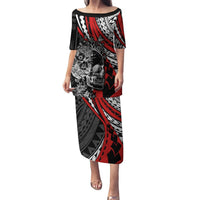 Personalised Polynesia Skull Puletasi Tattoo In The Style Of Maori With Marine Life Red LT9 Long Dress Red - Polynesian Pride