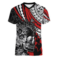 personalised-polynesia-skull-women-v-neck-t-shirt-tattoo-in-the-style-of-maori-with-marine-life-red