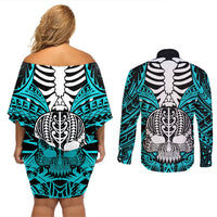 Personalised Polynesia Skull Couples Matching Off Shoulder Short Dress and Long Sleeve Button Shirts With Boars Tusk Aqua Arty Vibe LT9 - Polynesian Pride