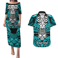 Personalised Polynesia Skull Couples Matching Puletasi Dress and Hawaiian Shirt With Boars Tusk Aqua Arty Vibe LT9 Aqua - Polynesian Pride