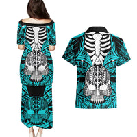 Personalised Polynesia Skull Couples Matching Puletasi Dress and Hawaiian Shirt With Boars Tusk Aqua Arty Vibe LT9 - Polynesian Pride