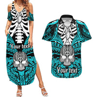 Personalised Polynesia Skull Couples Matching Summer Maxi Dress and Hawaiian Shirt With Boars Tusk Aqua Arty Vibe LT9 Aqua - Polynesian Pride