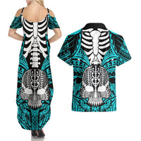 Personalised Polynesia Skull Couples Matching Summer Maxi Dress and Hawaiian Shirt With Boars Tusk Aqua Arty Vibe LT9 - Polynesian Pride