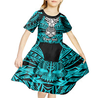 Personalised Polynesia Skull Kid Short Sleeve Dress With Boars Tusk Aqua Arty Vibe LT9 - Polynesian Pride