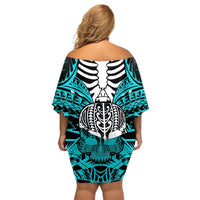 Personalised Polynesia Skull Off Shoulder Short Dress With Boars Tusk Aqua Arty Vibe LT9 - Polynesian Pride