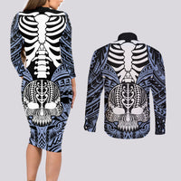 Personalised Polynesia Skull Couples Matching Long Sleeve Bodycon Dress and Long Sleeve Button Shirts With Boars Tusk Blue Arty Vibe LT9 - Polynesian Pride