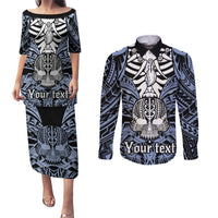 Personalised Polynesia Skull Couples Matching Puletasi Dress and Long Sleeve Button Shirts With Boars Tusk Blue Arty Vibe LT9 Blue - Polynesian Pride