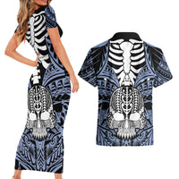 Personalised Polynesia Skull Couples Matching Short Sleeve Bodycon Dress and Hawaiian Shirt With Boars Tusk Blue Arty Vibe LT9 - Polynesian Pride