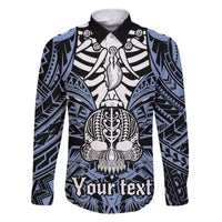 personalised-polynesia-skull-family-matching-off-shoulder-long-sleeve-dress-and-hawaiian-shirt-with-boars-tusk-blue-arty-vibe