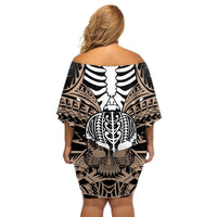 Personalised Polynesia Skull Off Shoulder Short Dress With Boars Tusk Gold Arty Vibe LT9 - Polynesian Pride