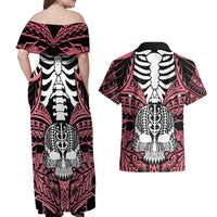 personalised-polynesia-skull-couples-matching-off-shoulder-maxi-dress-and-hawaiian-shirt-with-boars-tusk-pink-arty-vibe