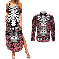 Personalised Polynesia Skull Couples Matching Summer Maxi Dress and Long Sleeve Button Shirts With Boars Tusk Pink Arty Vibe LT9 Pink - Polynesian Pride