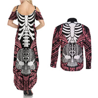 Personalised Polynesia Skull Couples Matching Summer Maxi Dress and Long Sleeve Button Shirts With Boars Tusk Pink Arty Vibe LT9 - Polynesian Pride