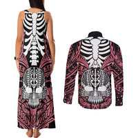 Personalised Polynesia Skull Couples Matching Tank Maxi Dress and Long Sleeve Button Shirts With Boars Tusk Pink Arty Vibe LT9 - Polynesian Pride