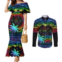 Fiji LGBT Couples Matching Mermaid Dress and Long Sleeve Button Shirts Love Is Love Tapa Pattern Rainbow Water Color LT9 Black - Polynesian Pride