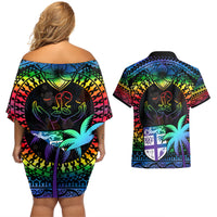 fiji-lgbt-couples-matching-off-shoulder-short-dress-and-hawaiian-shirt-love-is-love-tapa-pattern-rainbow-water-color