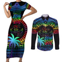 Fiji LGBT Couples Matching Short Sleeve Bodycon Dress and Long Sleeve Button Shirts Love Is Love Tapa Pattern Rainbow Water Color LT9 Black - Polynesian Pride