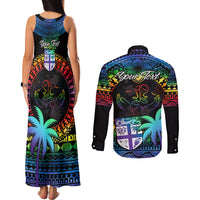 Personalised Fiji LGBT Couples Matching Tank Maxi Dress and Long Sleeve Button Shirts Love Is Love Tapa Pattern Rainbow Water Color LT9 - Polynesian Pride