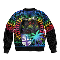Personalised Fiji LGBT Sleeve Zip Bomber Jacket Love Is Love Tapa Pattern Rainbow Water Color LT9 - Polynesian Pride