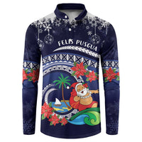 Felis Pusgua Guam Santa Button Sweatshirt Merry Christmas with Polynesian Tribal LT9 Blue - Polynesian Pride