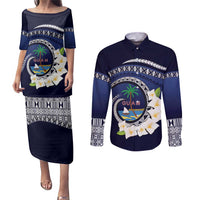 Hafai Adai Guam Guasalis Couples Matching Puletasi and Long Sleeve Button Shirt Polynesian Tribal Pattern LT9 Blue - Polynesian Pride