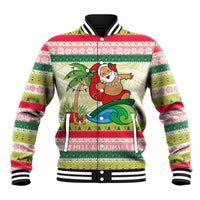 Mele Kalikimaka Hawaii Christmas Baseball Jacket Surfing Santa with Polynesian Tribal LT9 Unisex Green - Polynesian Pride