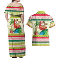 Mele Kalikimaka Hawaii Christmas Couples Matching Off Shoulder Maxi Dress and Hawaiian Shirt Surfing Santa with Polynesian Tribal