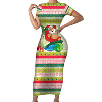 Mele Kalikimaka Hawaii Christmas Family Matching Short Sleeve Bodycon Dress and Hawaiian Shirt Surfing Santa with Polynesian Tribal