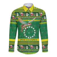 Meri Kiritimiti Cook Islands Christmas Long Sleeve Button Shirt Maroro Flying Fish and White Stars