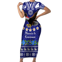 American Samoa Christmas Short Sleeve Bodycon Dress Manuia le Kerisimasi Polynesian Tribal LT9 Long Dress Blue - Polynesian Pride